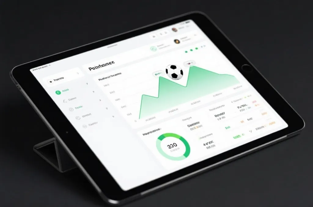 An abstract sports statistics dashboard on a tablet displaying penalty kick probabilities and football analytics